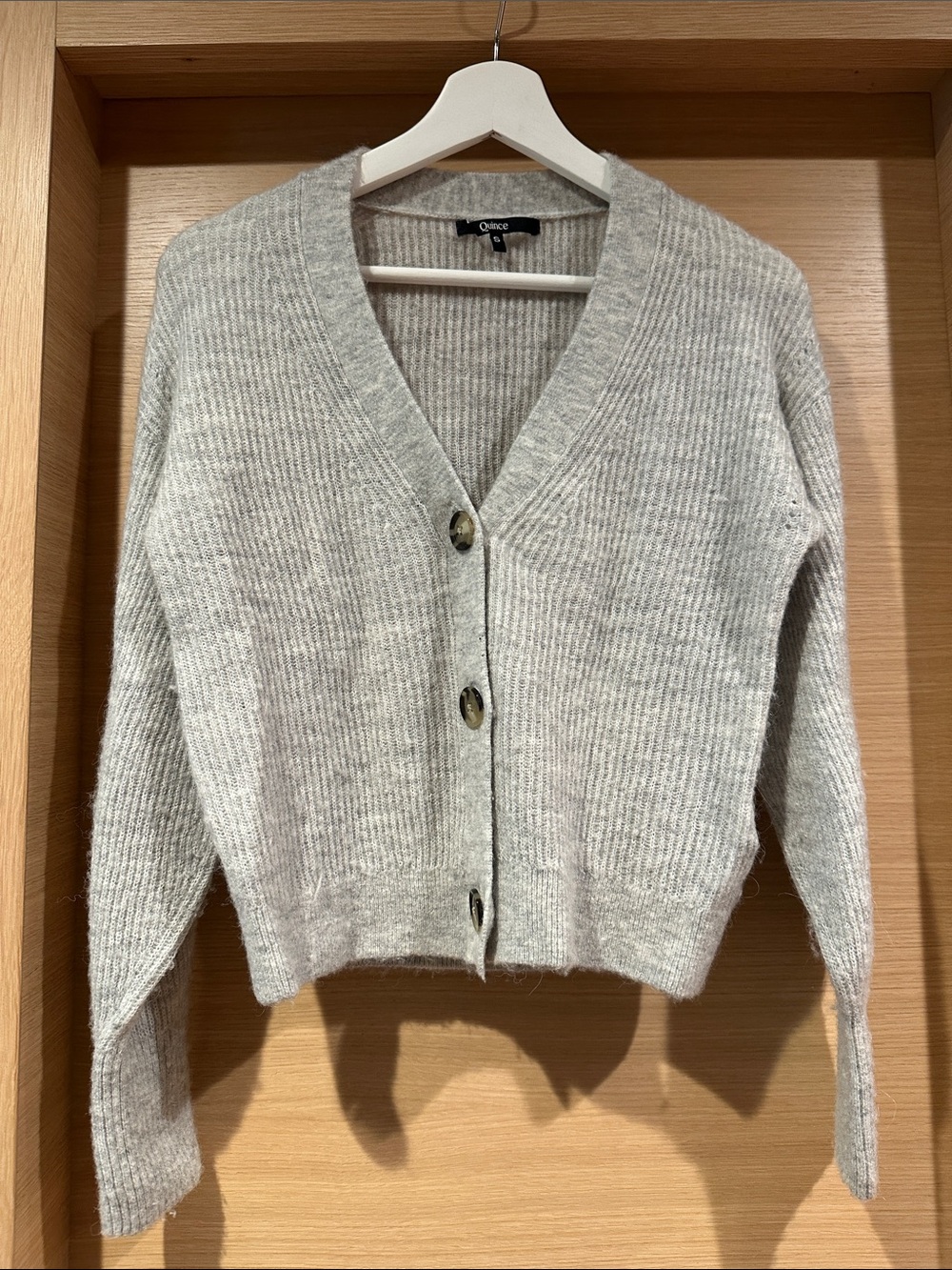 Quince Light Gray Ribbed V-Neck Button-Up Cardigan